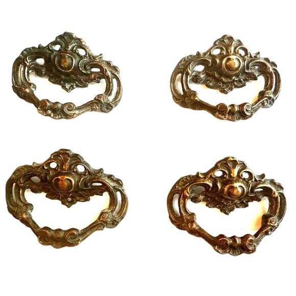 Antique Stamped Brass Knob Finger Drawer Pulls - H77 - Set of 4 - Picture 1 of 5